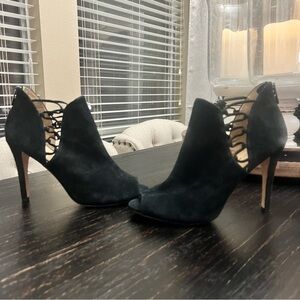 New! Antonio Melani Black Suede Leather Stiletto Open Toe Shoes / Booties Sz 8